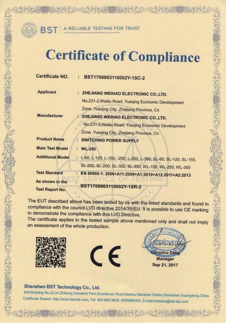 L WL SL LVD certificate of compliance