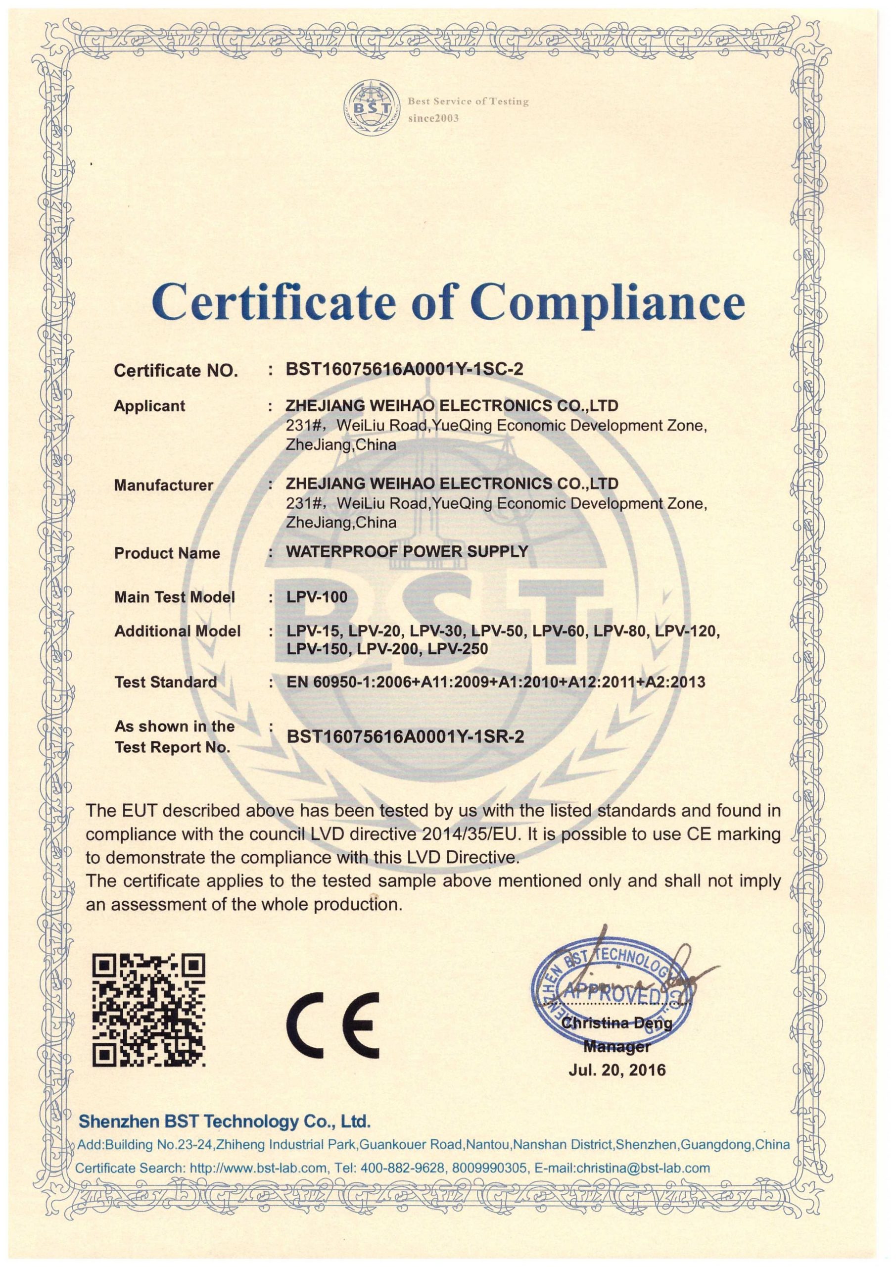 LPV--LVD certificate of compliance