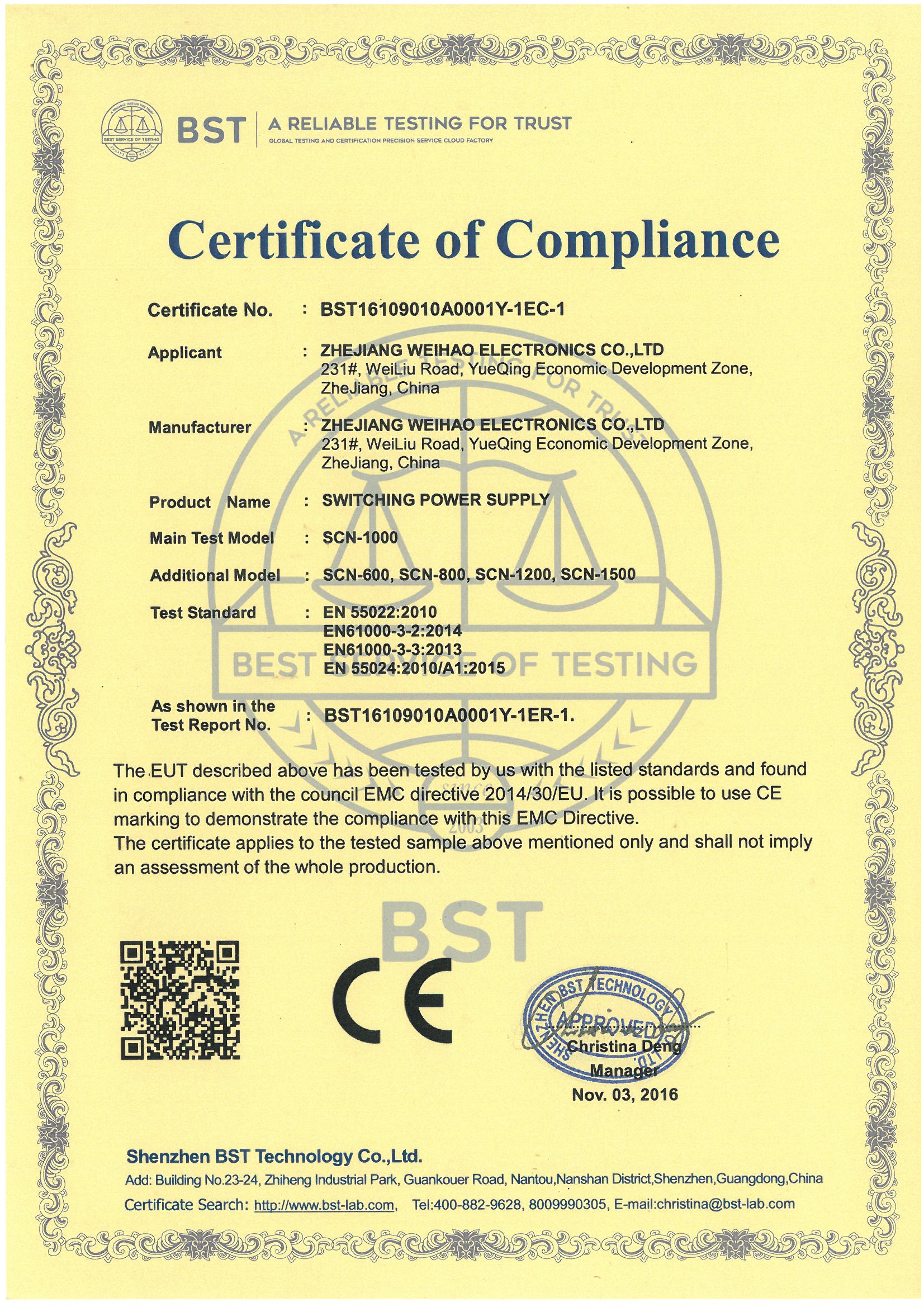 SCN-EMC certificate of compliance