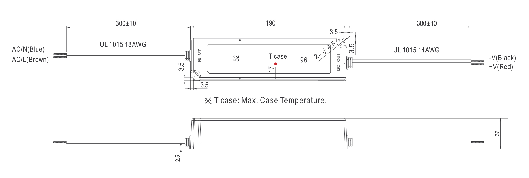 Waterproof IP67 plastic LED driver AC 110v/220v to constant DC output 100W power supply mechanical specification