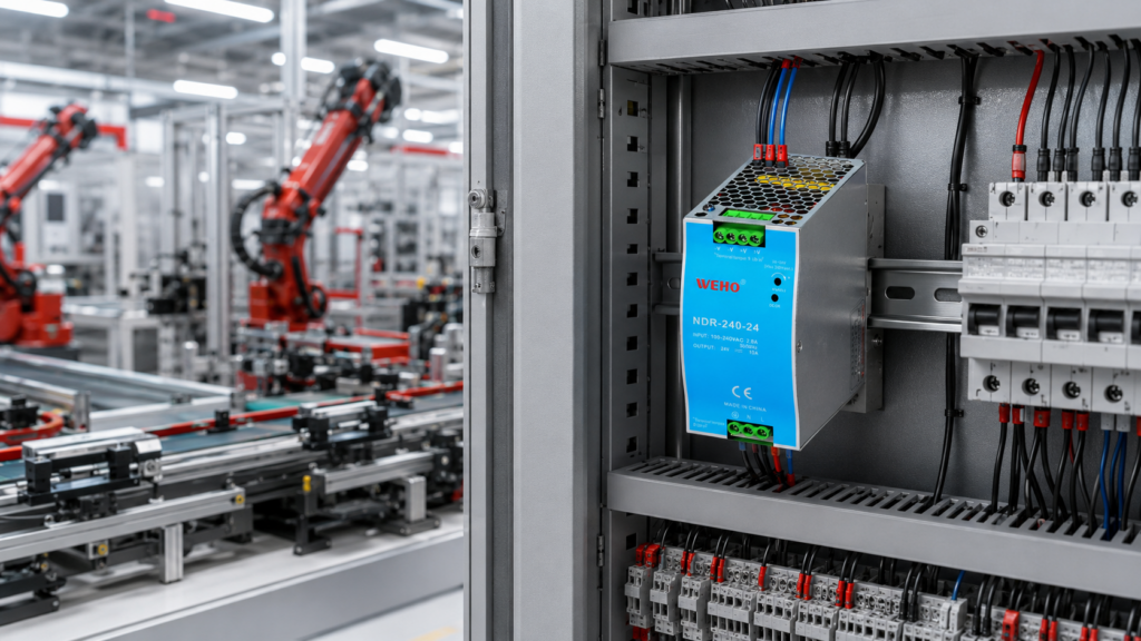 WEHO NDR-240-24 DIN rail power supply in a control cabinet WEHO NDR-240-24 DIN rail power supply mounted in an industrial automation control cabinet, factory robots in the background