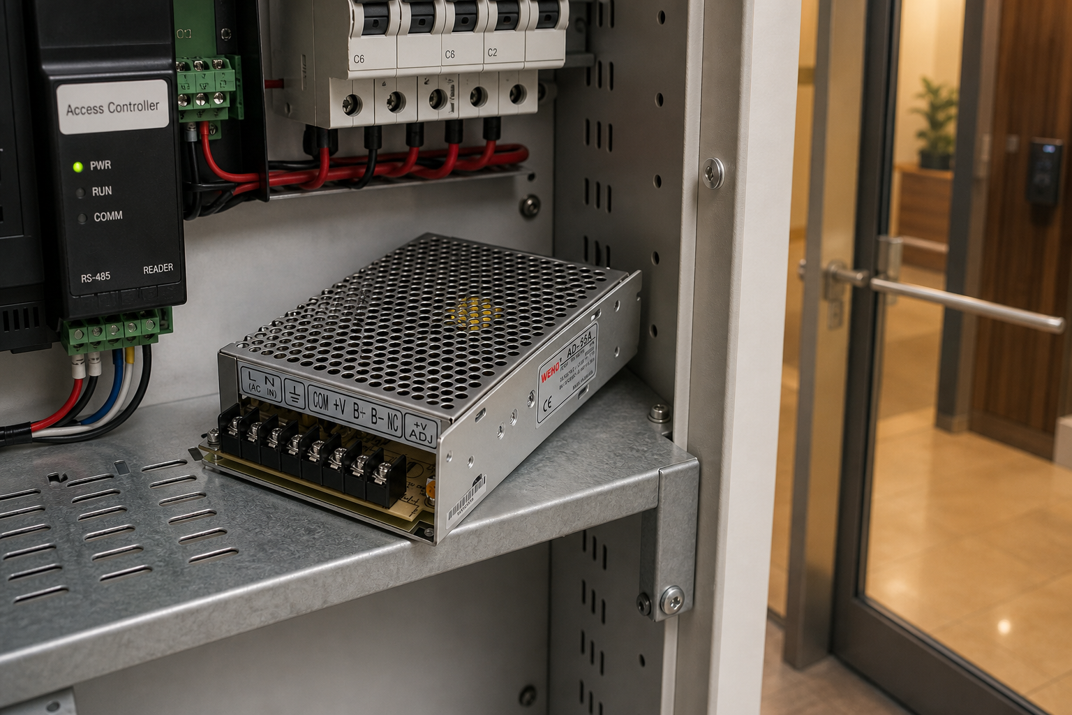 WEHO access control power supply installed in a secure door control cabinet WEHO access control power supply installed in a secure door control cabinet