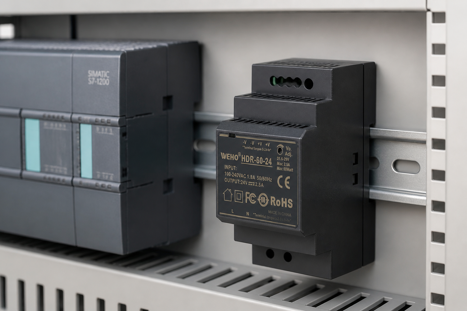 WEHO HDR 24V PLC power supply mounted in an industrial control panel WEHO HDR 24V PLC power supply mounted in an industrial control panel