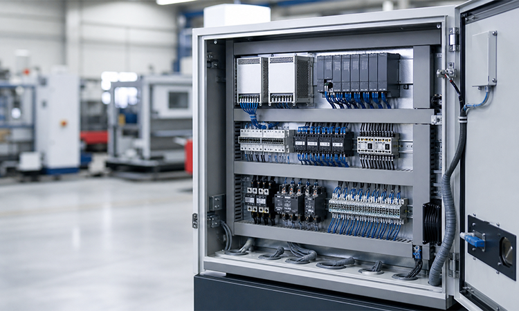 Illustrative control-cabinet environment. Final component spacing, protection and wiring must follow the machine design and applicable installation requirements. Illustrative control-cabinet environment. Final component spacing, protection and wiring must follow the machine design and applicable installation requirements.