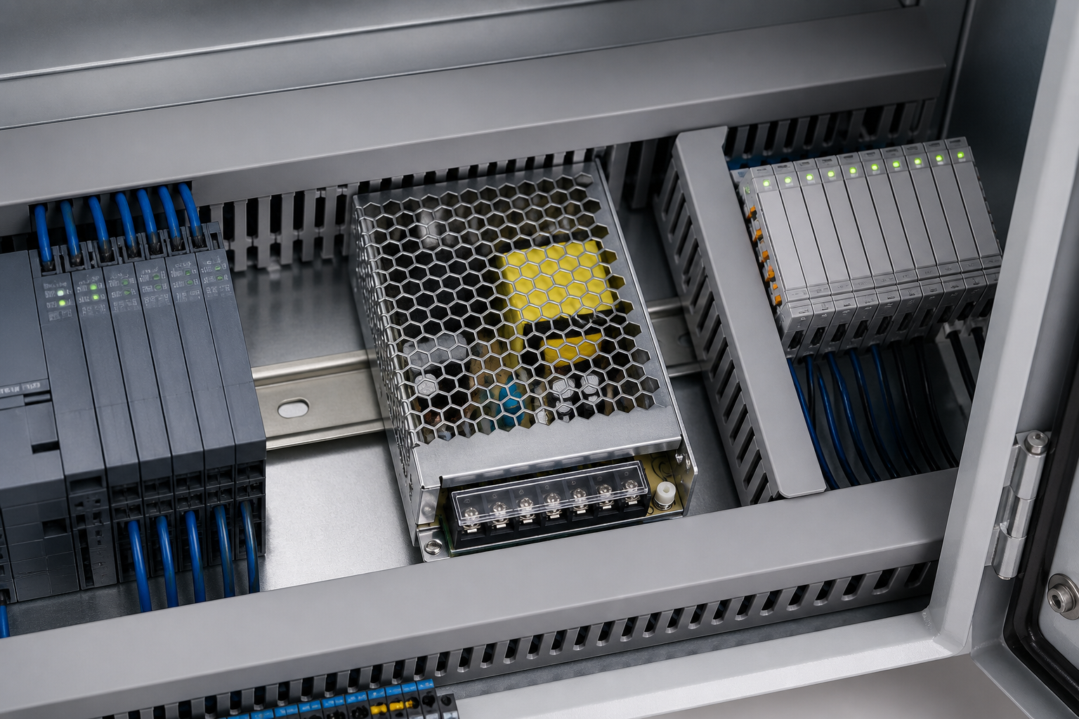 WEHO LRS-150 power supply converting AC to DC in an automation cabinet WEHO LRS-150 power supply converting AC to DC in an automation cabinet