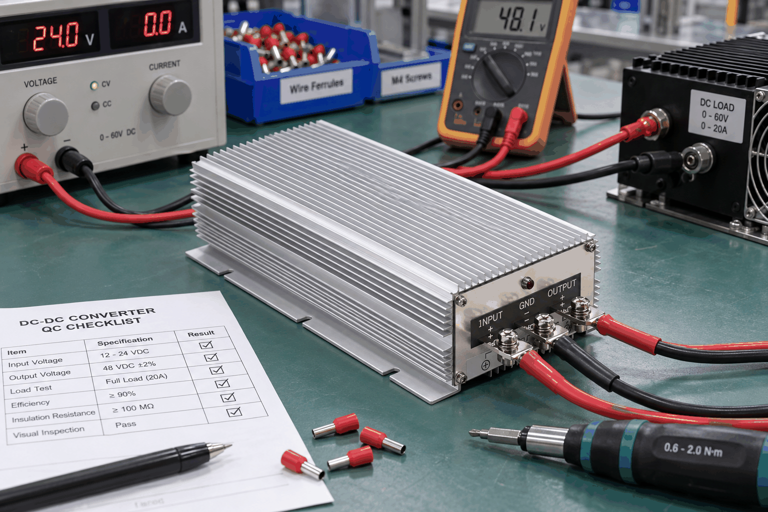 12V to 48V DC-DC converter tested on an industrial power electronics bench