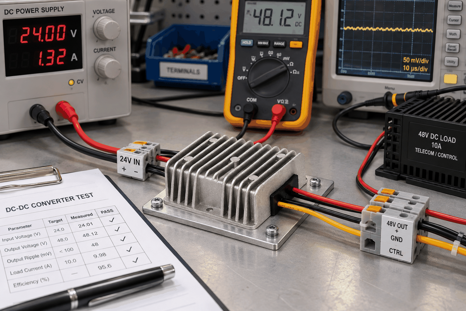 24V to 48V DC-DC converter tested with 24V input and 48V telecom load
