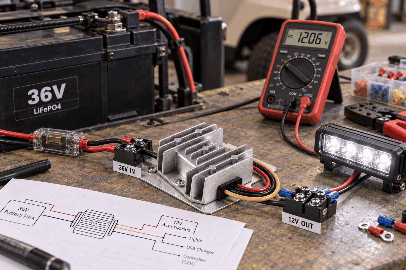 36V to 12V DC-DC converter tested for golf cart accessory power