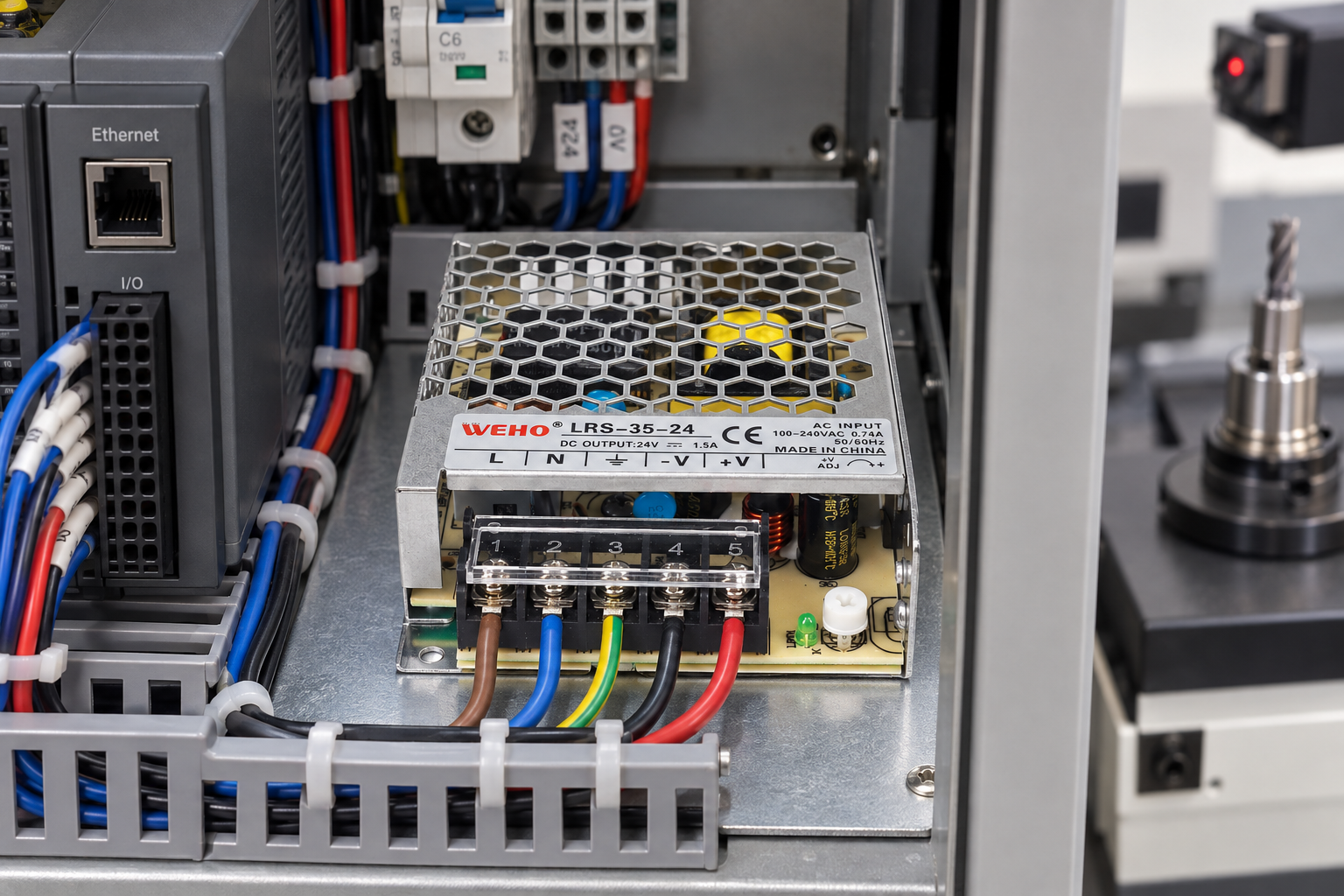 Source-referenced shallow LRS-35-24 flush on a continuous horizontal tool-presetter control-compartment deck
