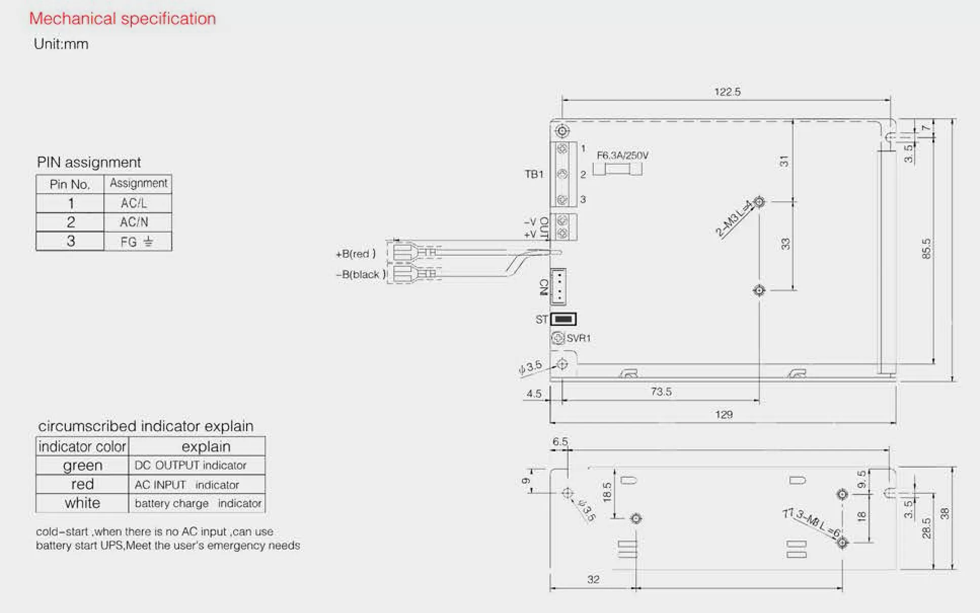 UPS 60w power supply for battery charge mechanical specification